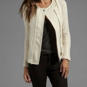 Women’s IRO Sari Ecru Tweed Cream Zip Leather Trim Blazer Jacket Sz 40